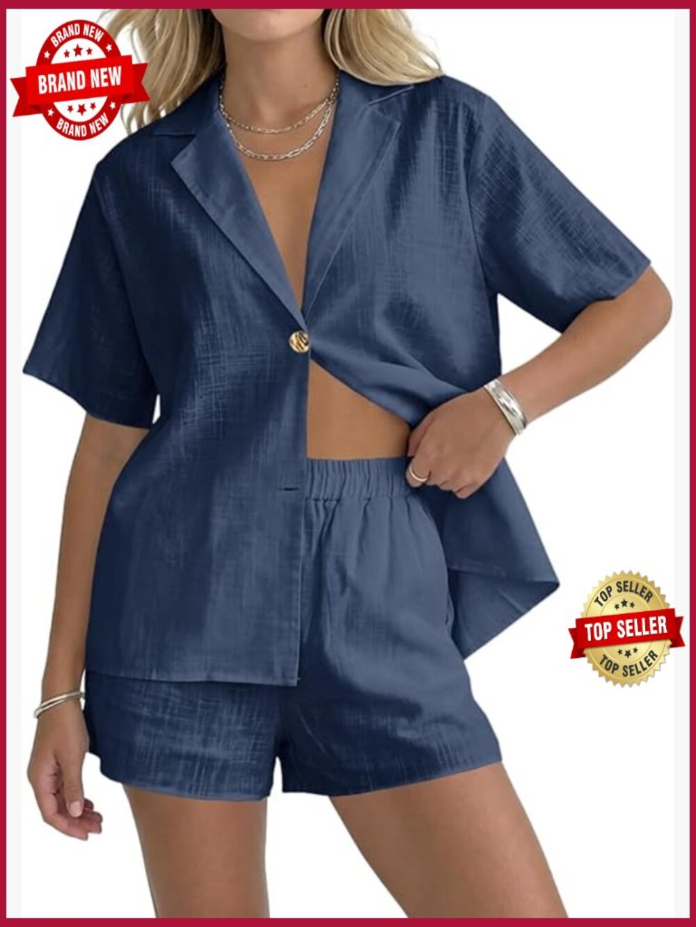 Women's 2 Piece Cotton Linen Short Sleeve Shirt Shorts Set